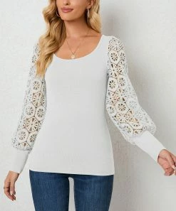 Buy βοΈ Z Avenue White Lace Bishop Sleeve Scoop Neck Top - π© Women β€οΈ