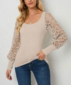 Discount 🥰 Z Avenue Beige Lace Lantern-Sleeve Scoop Neck Top - 👩 Women 🔥