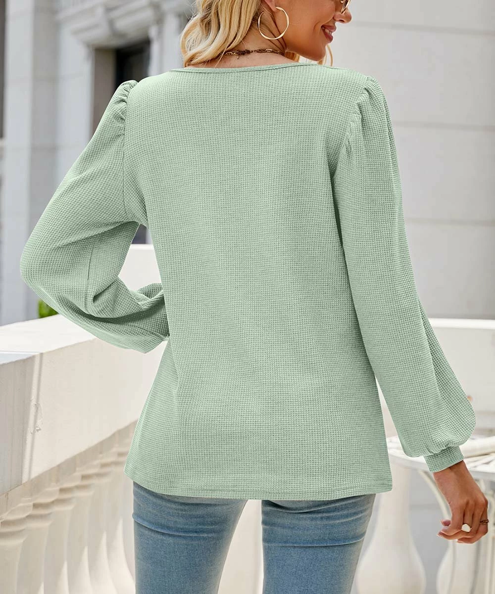 New π Z Avenue Light Green Waffle-Knit Square-Neck Puff-Sleeve Top - π© Women & Juniors β¨ - Image 2
