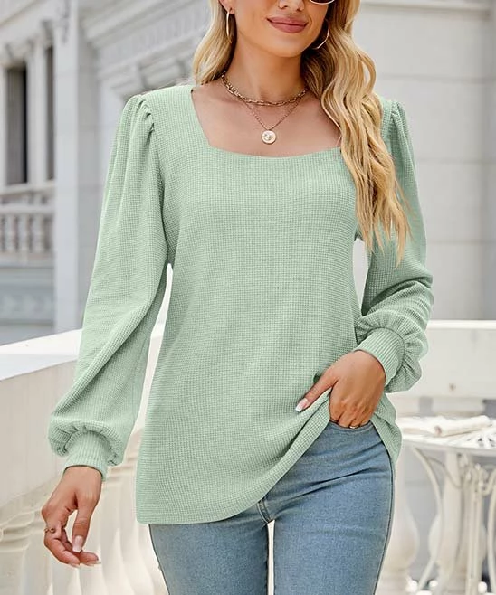 New π Z Avenue Light Green Waffle-Knit Square-Neck Puff-Sleeve Top - π© Women & Juniors β¨