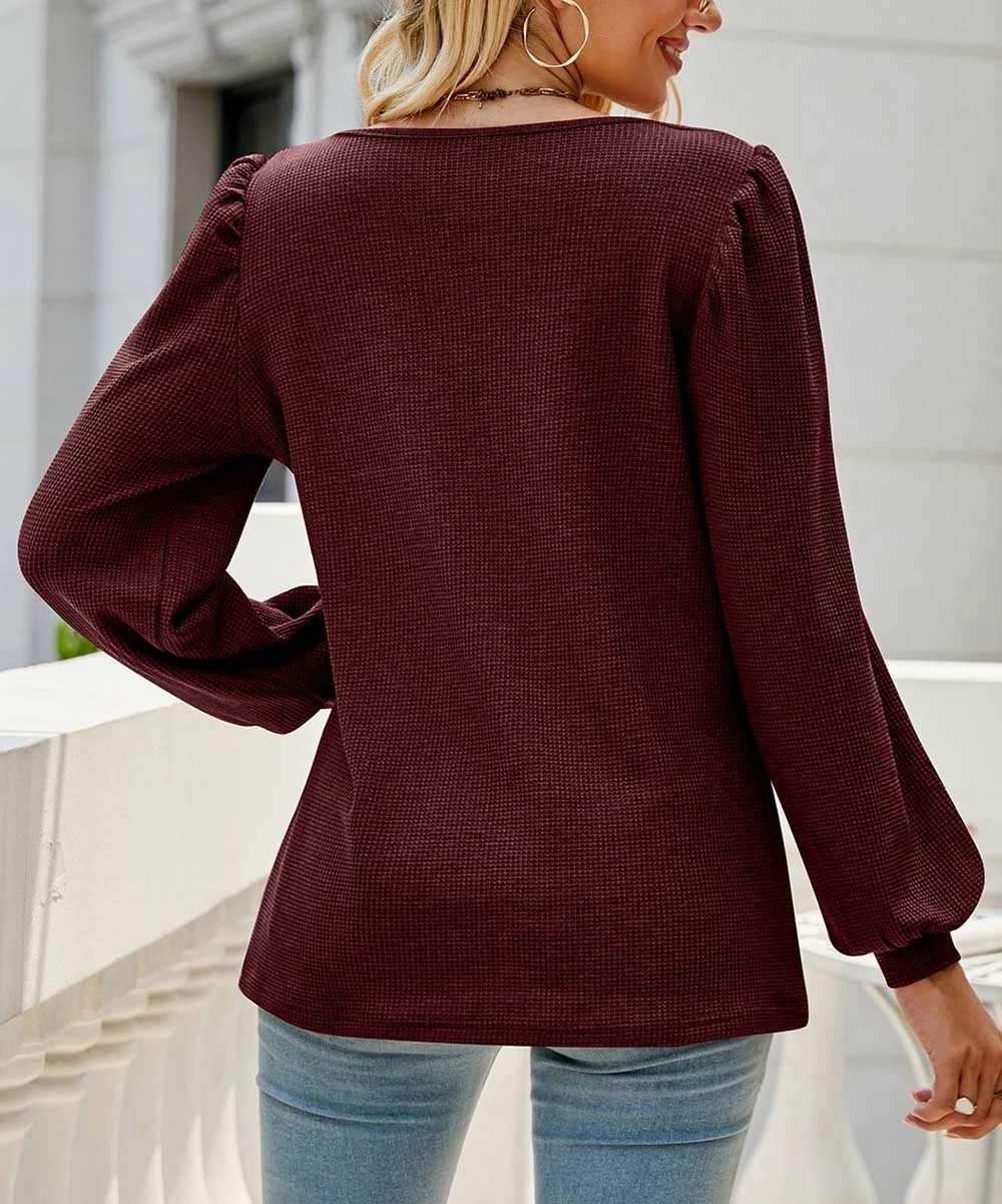 Outlet 💯 Z Avenue Wine Waffle-Knit Bishop-Sleeve Square-Neck Top - 👩 Women & Juniors 👍 5 Outlet 💯 Z Avenue Wine Waffle-Knit Bishop-Sleeve Square-Neck Top - 👩 Women & Juniors 👍 - Image 3
