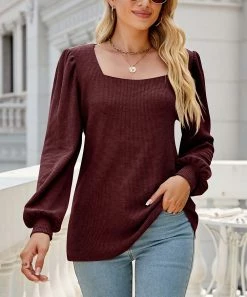 Outlet π― Z Avenue Wine Waffle-Knit Bishop-Sleeve Square-Neck Top - π© Women & Juniors π