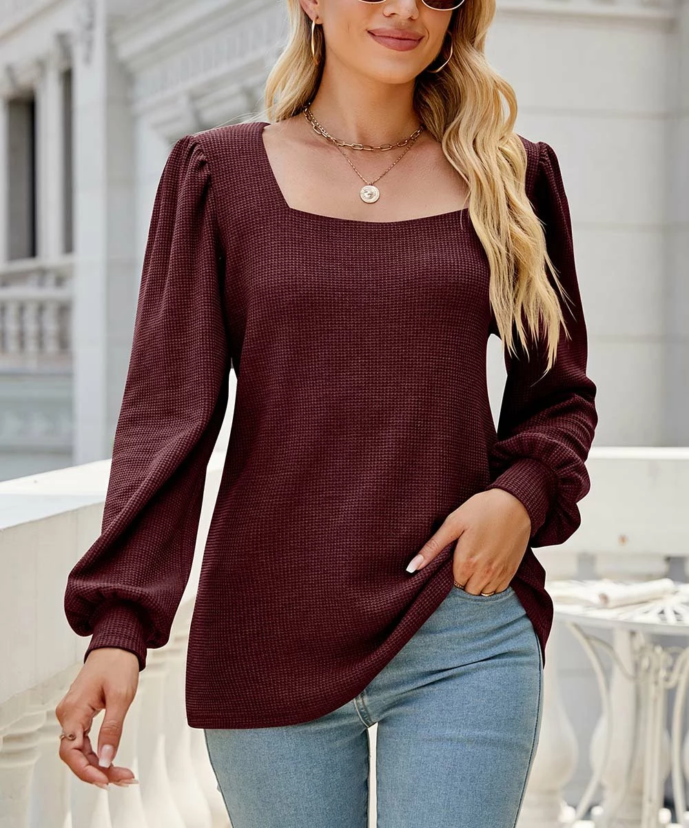 Outlet 💯 Z Avenue Wine Waffle-Knit Bishop-Sleeve Square-Neck Top - 👩 Women & Juniors 👍 3 Outlet 💯 Z Avenue Wine Waffle-Knit Bishop-Sleeve Square-Neck Top - 👩 Women & Juniors 👍