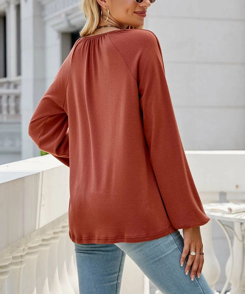 Best Pirce βοΈ Z Avenue Rust Bishop-Sleeve V-Neck Top - π© Women & Juniors π€© - Image 2