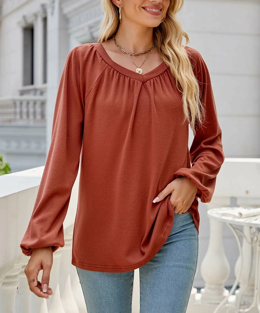 Best Pirce βοΈ Z Avenue Rust Bishop-Sleeve V-Neck Top - π© Women & Juniors π€© - Image 5