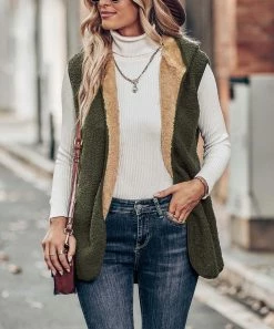 Buy ✨ Z Avenue Light Olive & Beige Color-Contrast Fuzzy Hooded Vest - 👩 Women & Plus ⭐