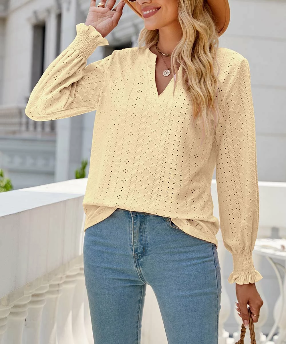 New ๐ฅ Z Avenue Yellow Eyelet Poet-Sleeve V-Neck Top - ๐ฉ Women & Juniors ๐ฅ 4 New ๐ฅ Z Avenue Yellow Eyelet Poet-Sleeve V-Neck Top - ๐ฉ Women & Juniors ๐ฅ - Image 2