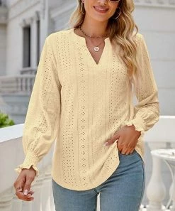 New π₯ Z Avenue Yellow Eyelet Poet-Sleeve V-Neck Top - π© Women & Juniors π₯