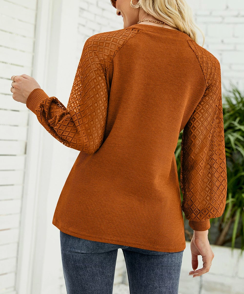 Discount π Z Avenue Caramel Lace-Accent Long-Sleeve V-Neck Tunic - π© Women & Juniors π€© - Image 2