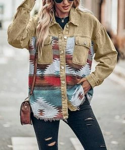 Deals β€οΈ Z Avenue Khaki Multicolor Geometric Denim Button-Up Jacket - π© Women π