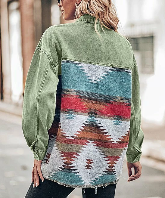 Best reviews of π€© Z Avenue Green Multicolor Geometric Denim Button-Up Jacket - π© Women π - Image 2