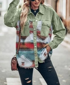 Best reviews of π€© Z Avenue Green Multicolor Geometric Denim Button-Up Jacket - π© Women π