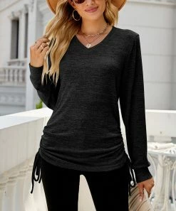 Best Pirce 😀 Z Avenue Black Tie-Hem Long-Sleeve V-Neck Top - 👩 Women & Juniors 🔔