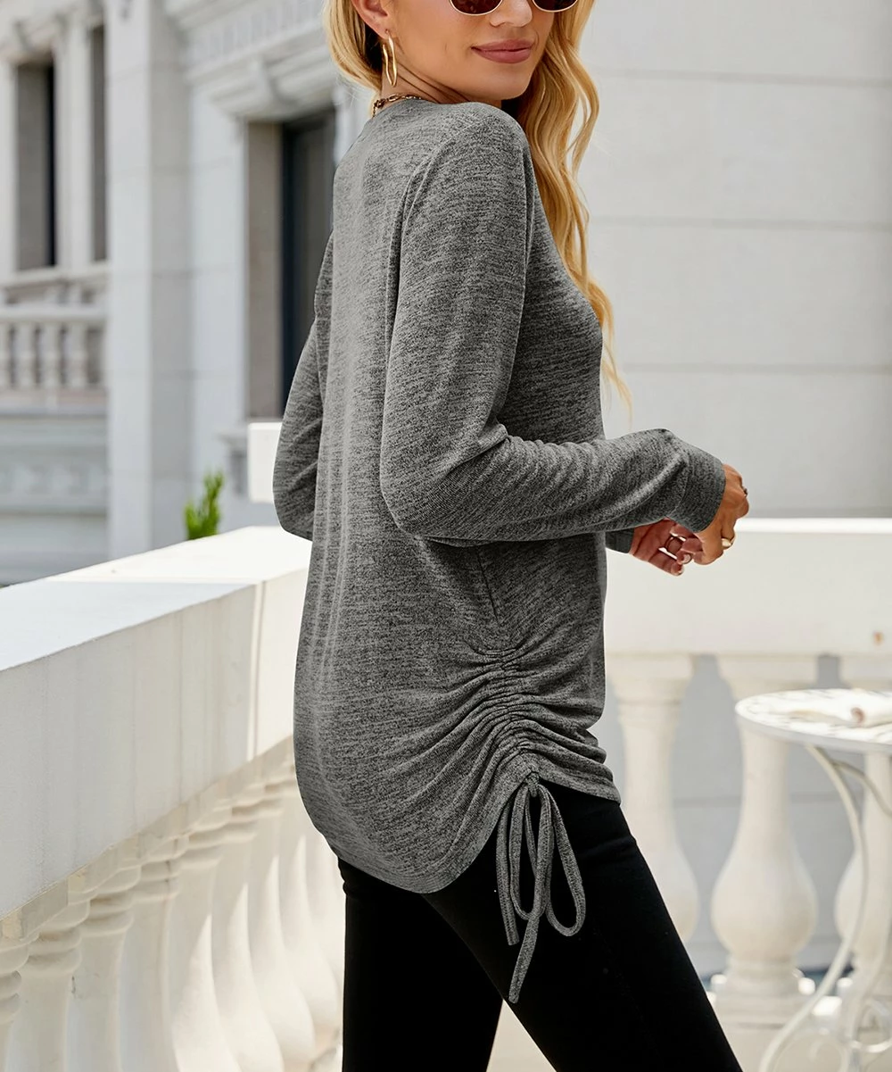 Budget π₯ Z Avenue Dark Gray Tie-Hem Long-Sleeve V-Neck Top - π© Women & Juniors π€© - Image 2