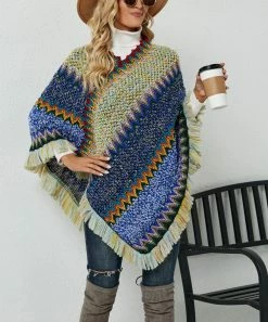 Cheapest β€οΈ Z Avenue Blue & Yellow Abstract Stripe Knit Cape Poncho - Juniors π