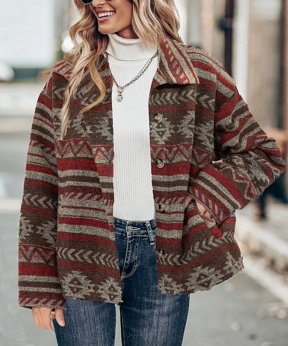 Cheapest β¨ Z Avenue Wine & Brown Geometric Button-Up Jacket - π© Women π - Image 2