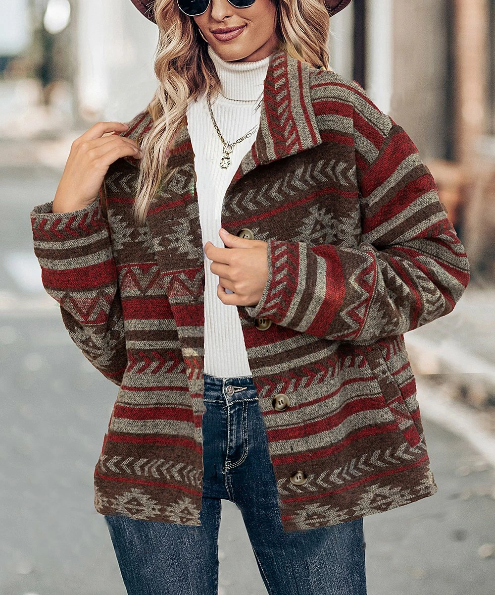 Cheapest β¨ Z Avenue Wine & Brown Geometric Button-Up Jacket - π© Women π