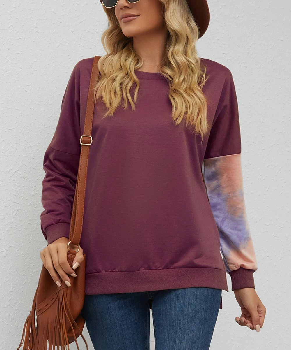 Cheap π Z Avenue Purple & White Tie-Dye Asymmetrical Contrast-Sleeve Crewneck Top - π© Women & Plus π - Image 2