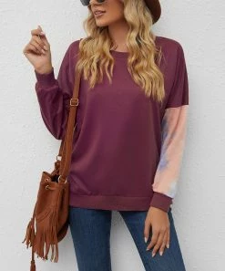 Cheap 🌟 Z Avenue Purple & White Tie-Dye Asymmetrical Contrast-Sleeve Crewneck Top - 👩 Women & Plus 🎉