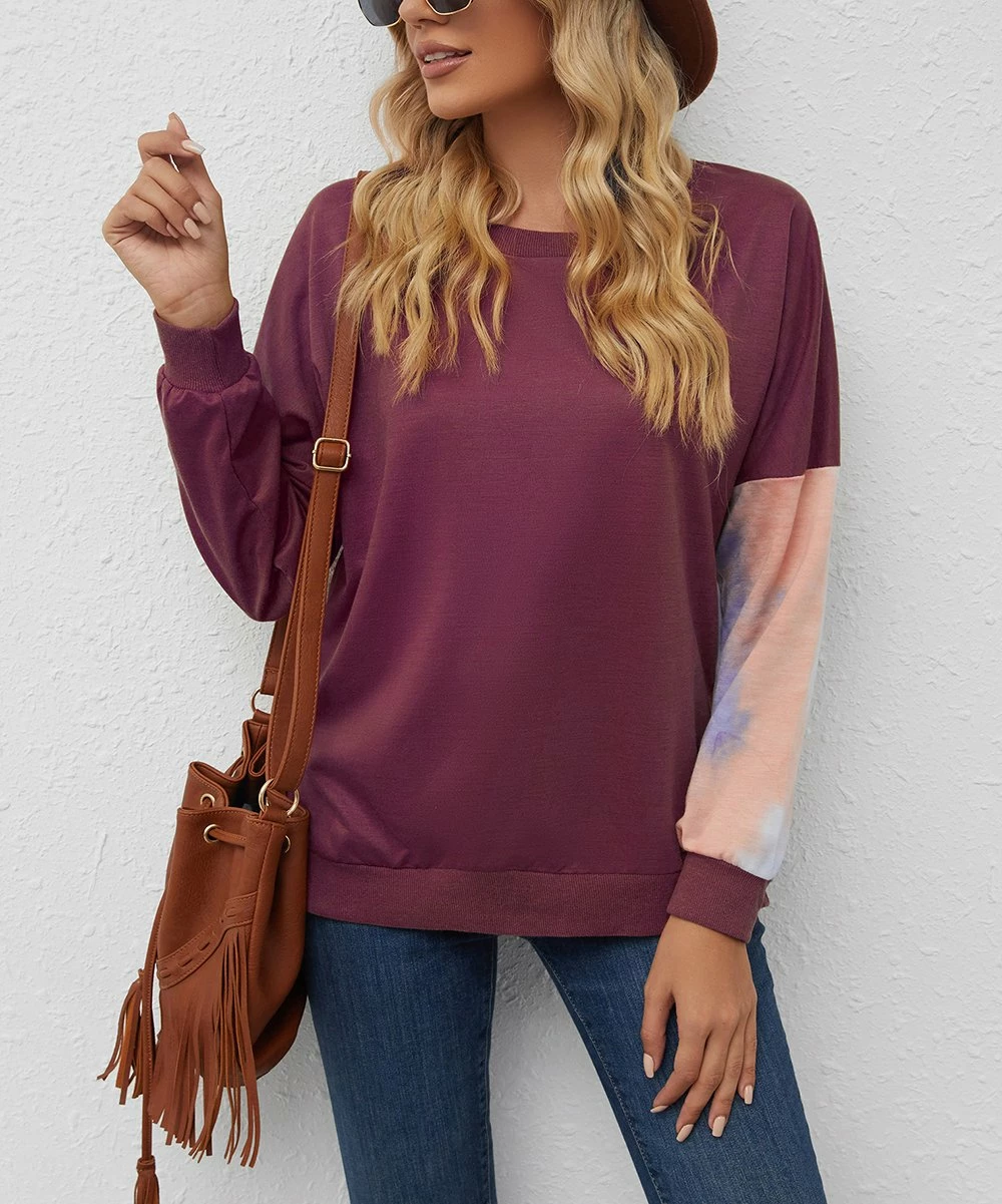 Cheap π Z Avenue Purple & White Tie-Dye Asymmetrical Contrast-Sleeve Crewneck Top - π© Women & Plus π