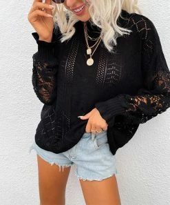 Buy β Z Avenue Black Open-Knit Long-Sleeve Sweater - π© Women π