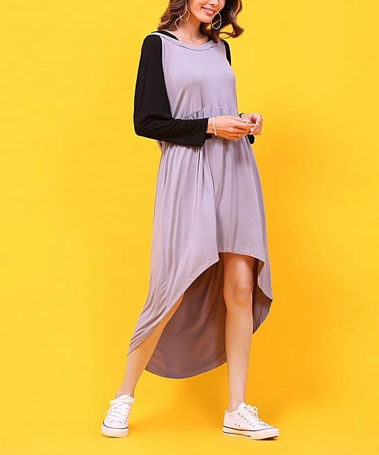 New βοΈ Z Avenue Black & Gray Color Block Hooded Hi-Low π Dress - π© Women π