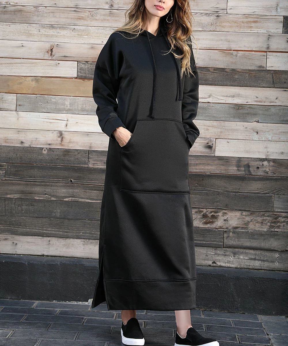 Outlet β€οΈ Z Avenue Black Kangaroo-Pocket Hooded Maxi π Dress - π© Women & Plus β