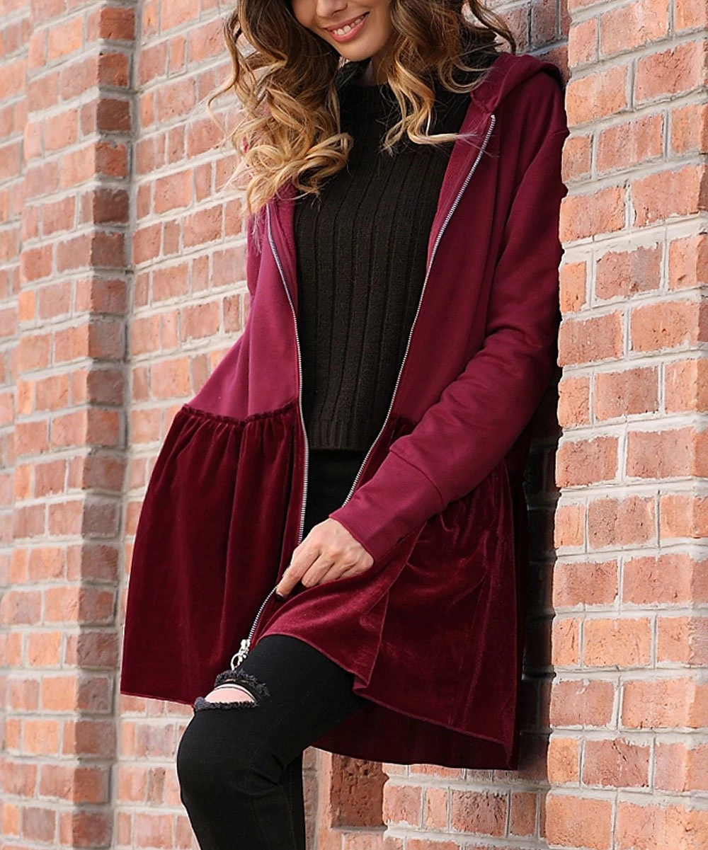 Best deal π₯° Z Avenue Burgundy Velvet Ruffle-Hem Zip-Up Hoodie - Plus π - Image 4