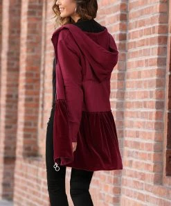 Best deal π₯° Z Avenue Burgundy Velvet Ruffle-Hem Zip-Up Hoodie - Plus π