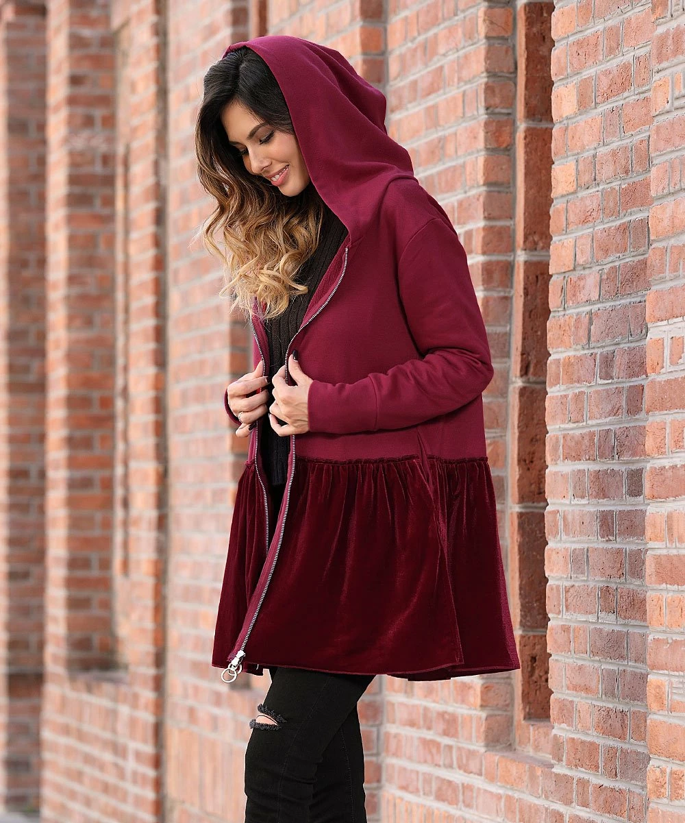 Best deal π₯° Z Avenue Burgundy Velvet Ruffle-Hem Zip-Up Hoodie - Plus π - Image 3