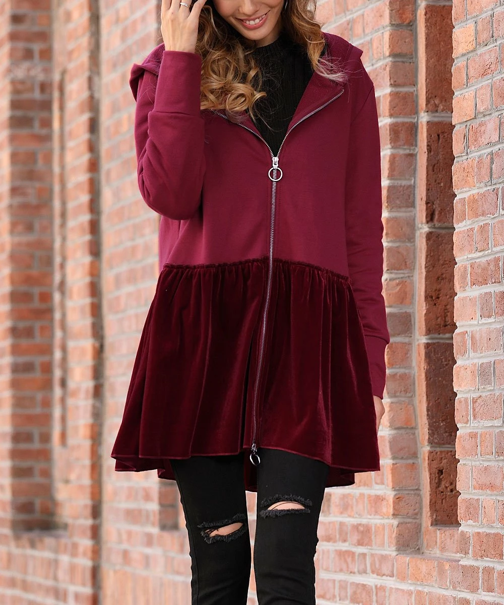 Best deal π₯° Z Avenue Burgundy Velvet Ruffle-Hem Zip-Up Hoodie - Plus π - Image 5