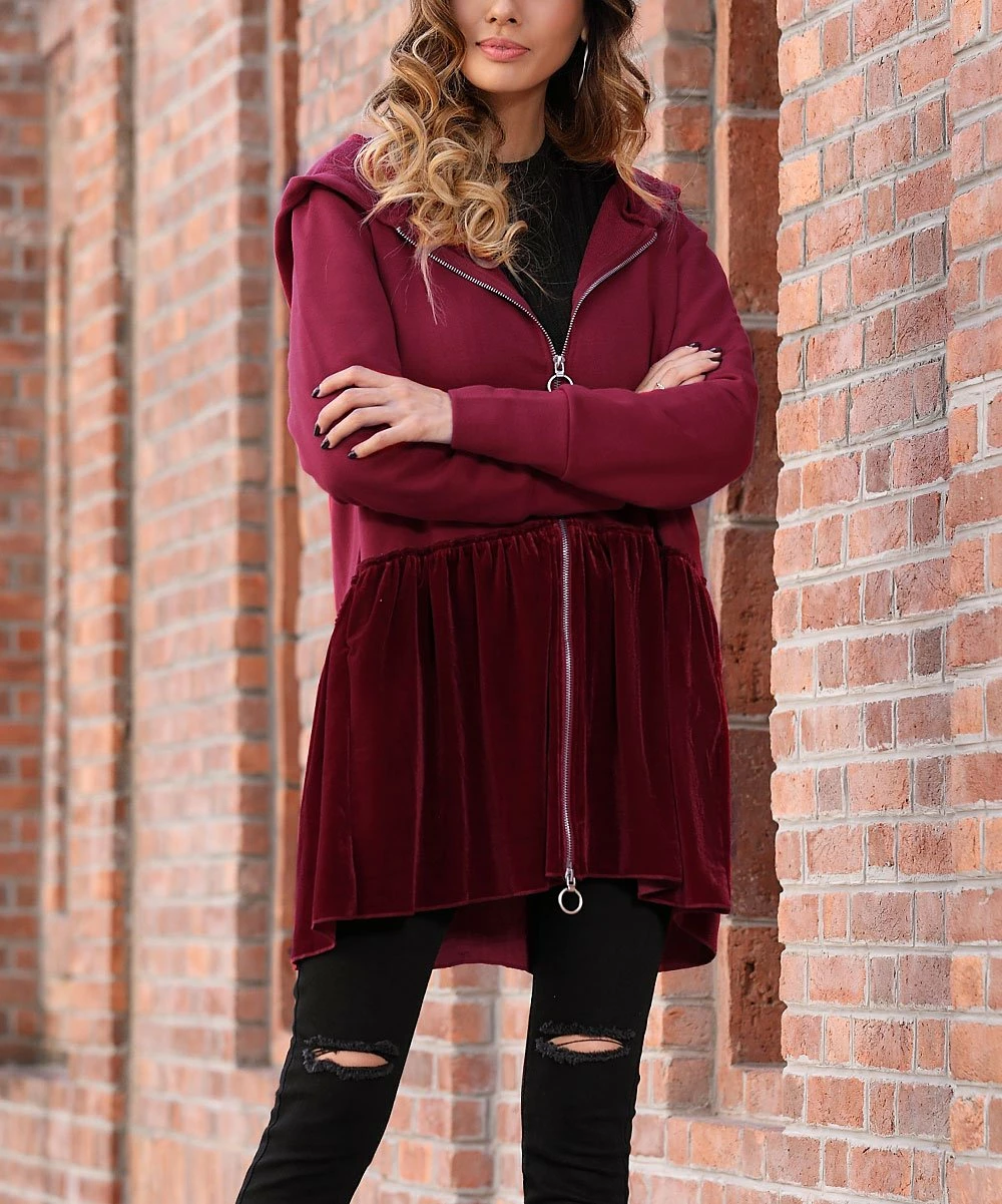 Best deal π₯° Z Avenue Burgundy Velvet Ruffle-Hem Zip-Up Hoodie - Plus π - Image 2