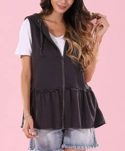 Cheapest 💯 Z Avenue Charcoal Gray Ruffle Hooded Zip-Up Vest - 👩 Women ❤️