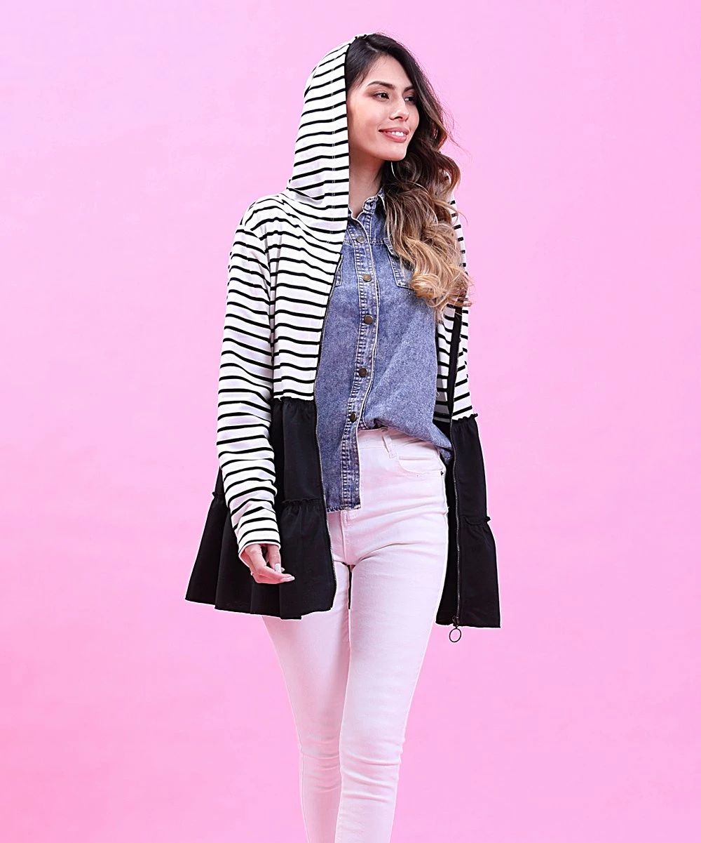 Budget π Z Avenue Black & White Stripe Ruffle-Hem Zip-Up Hoodie - π© Women β€οΈ - Image 4