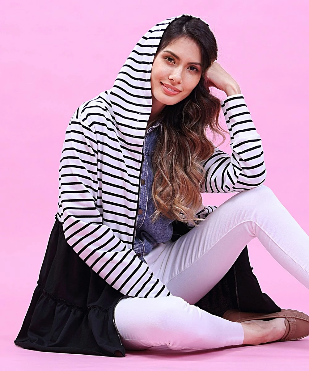 Budget π Z Avenue Black & White Stripe Ruffle-Hem Zip-Up Hoodie - π© Women β€οΈ - Image 5