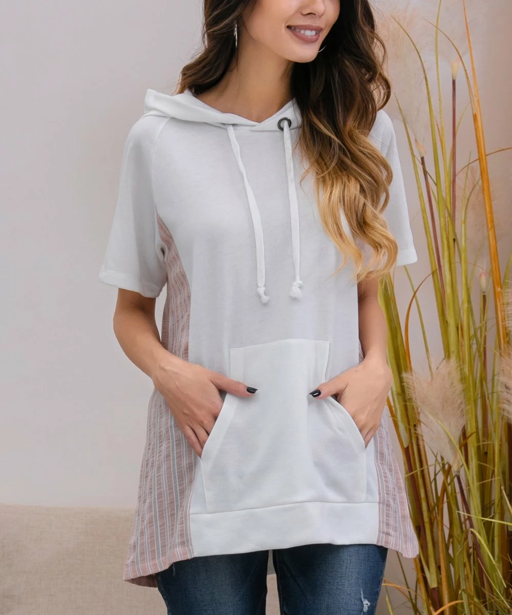 Best reviews of β Z Avenue White & Pink Stripe-Inset Kangaroo Pocket Hoodie - π© Women & Plus π - Image 2