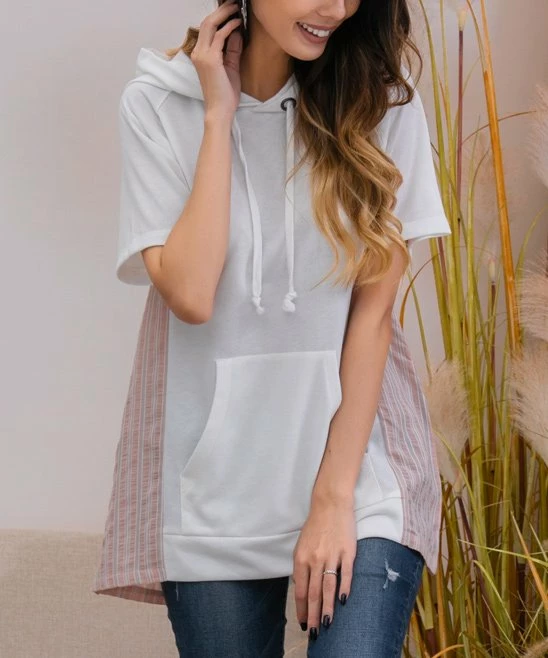 Best reviews of β Z Avenue White & Pink Stripe-Inset Kangaroo Pocket Hoodie - π© Women & Plus π - Image 3