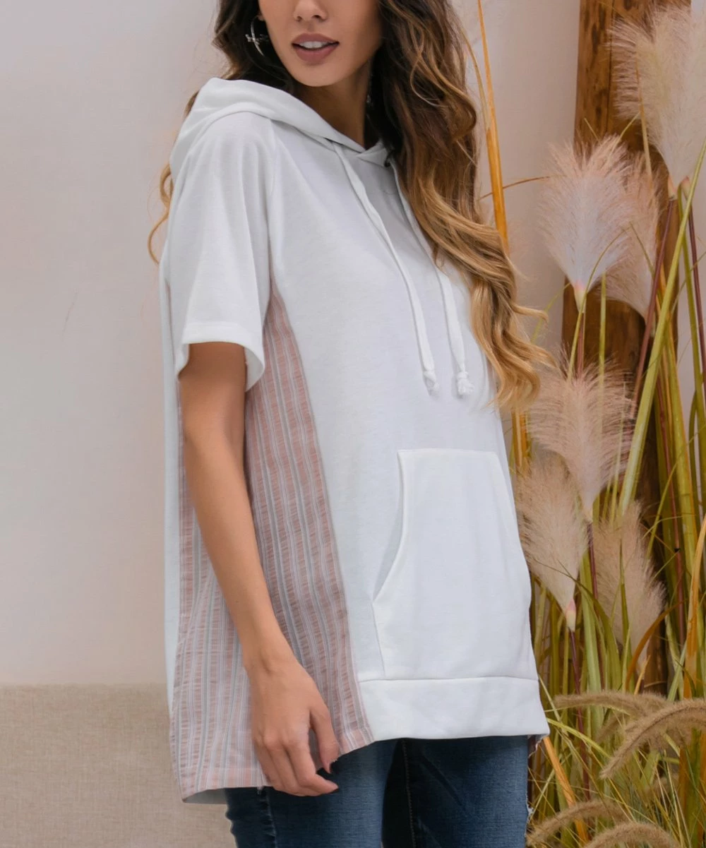 Best reviews of β Z Avenue White & Pink Stripe-Inset Kangaroo Pocket Hoodie - π© Women & Plus π - Image 5