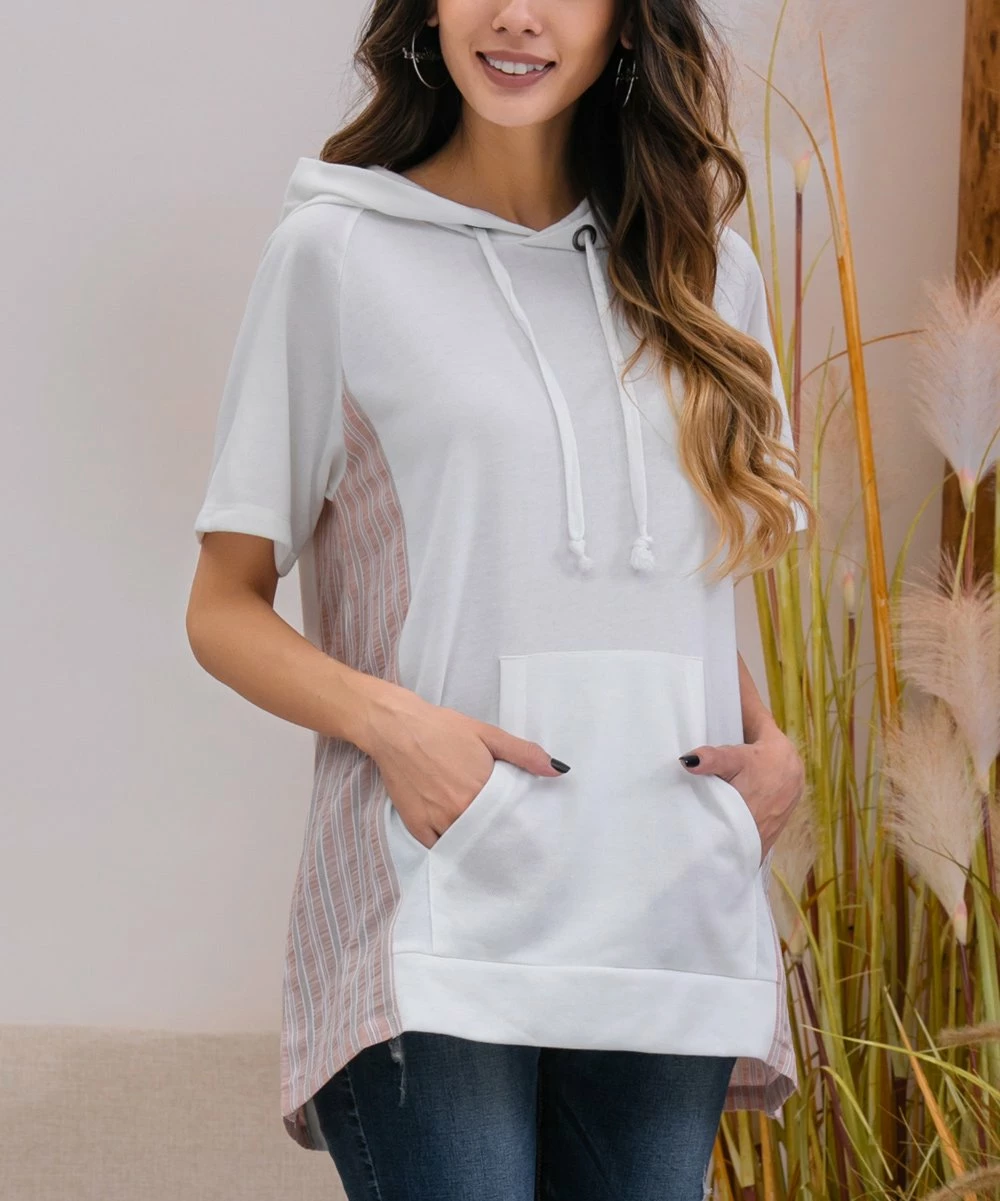 Best reviews of β Z Avenue White & Pink Stripe-Inset Kangaroo Pocket Hoodie - π© Women & Plus π