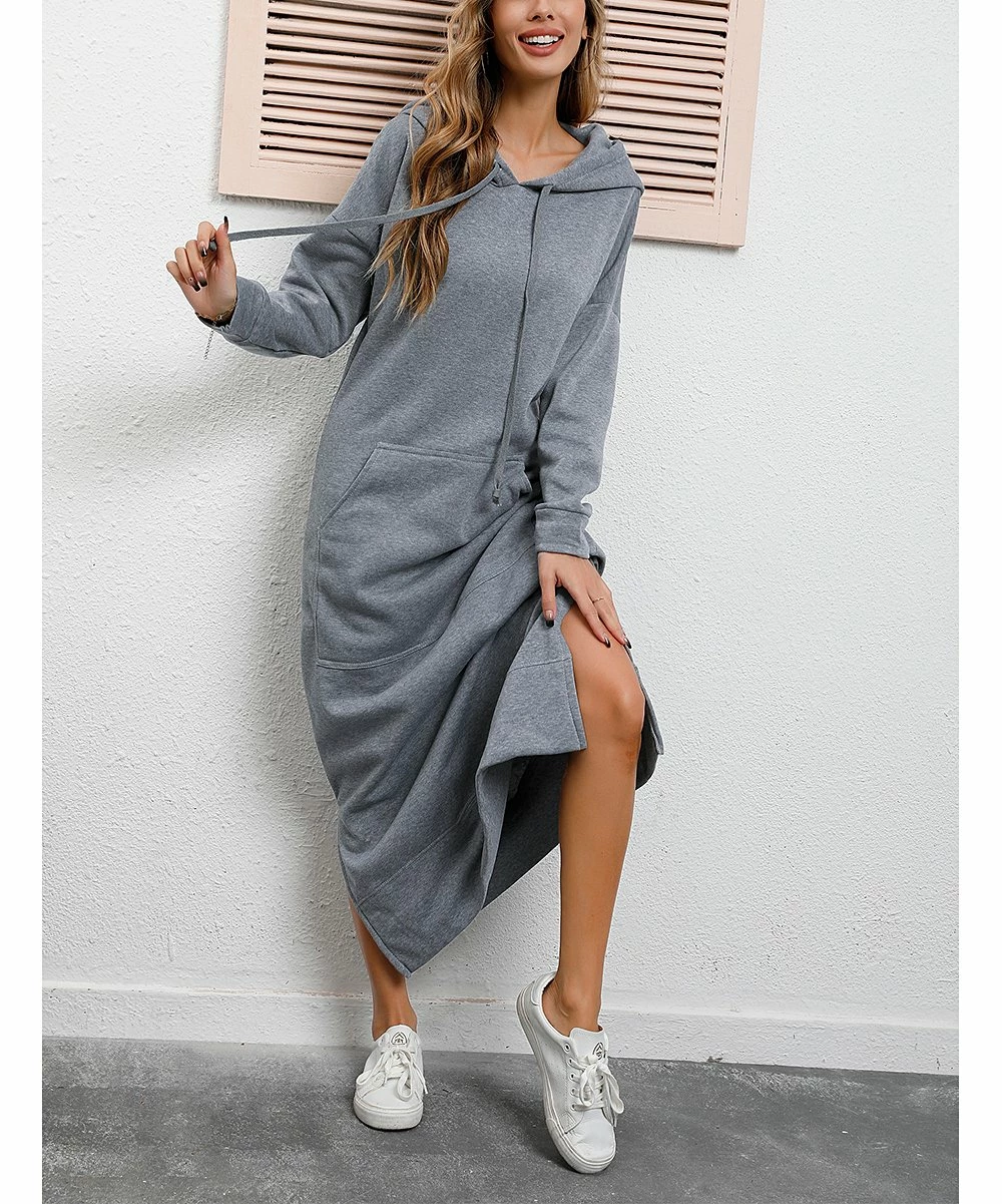 Budget π Z Avenue Light Gray Side-Slit Kangaroo-Pocket Hooded Maxi π Dress - π© Women & Plus 𧨠- Image 2