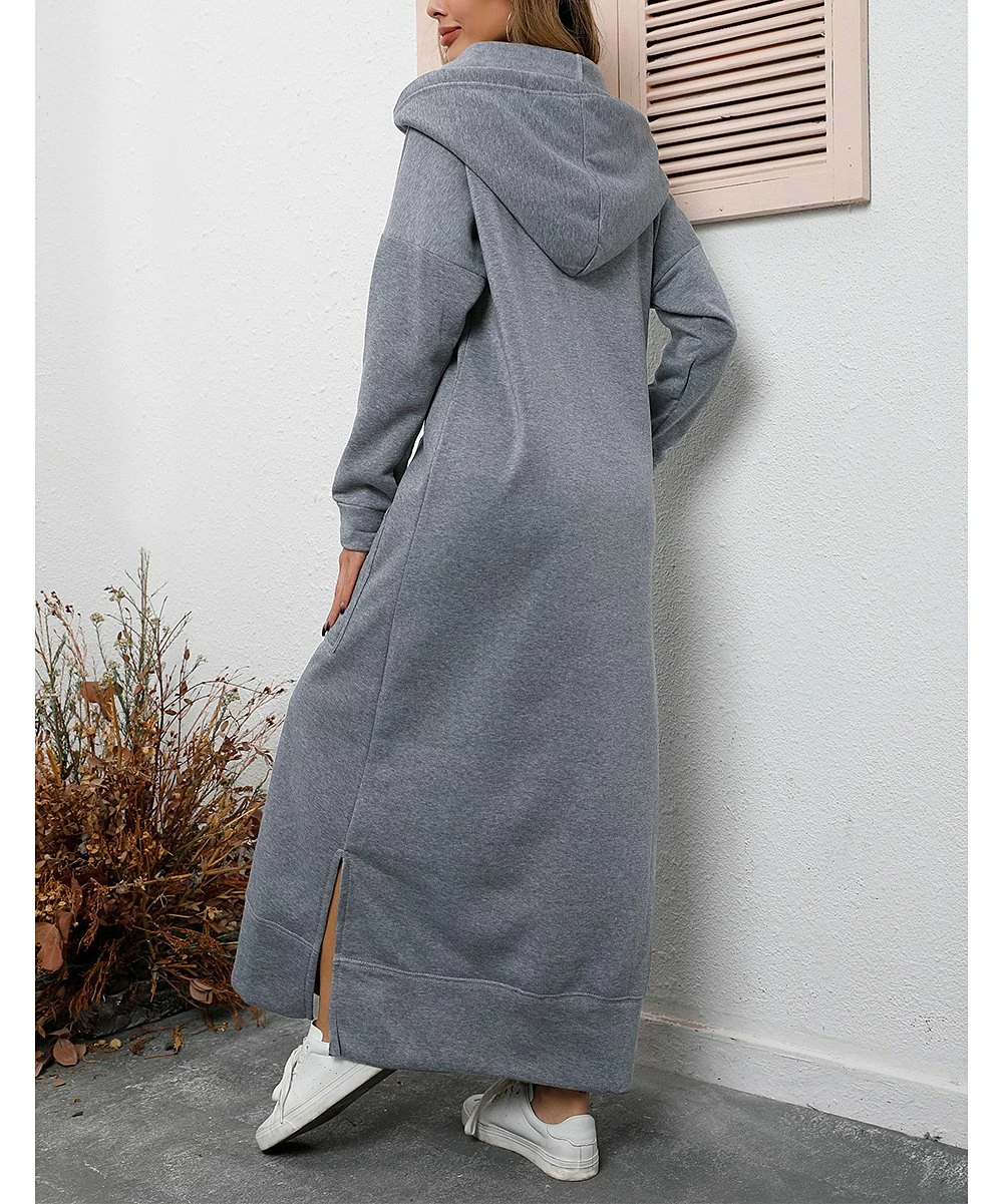Budget π Z Avenue Light Gray Side-Slit Kangaroo-Pocket Hooded Maxi π Dress - π© Women & Plus 𧨠- Image 3