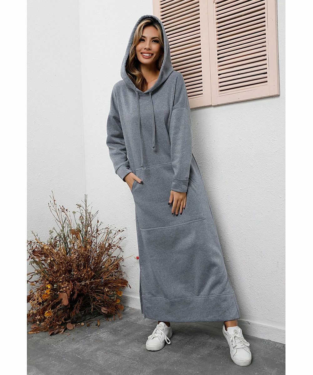 Budget π Z Avenue Light Gray Side-Slit Kangaroo-Pocket Hooded Maxi π Dress - π© Women & Plus 𧨠- Image 4
