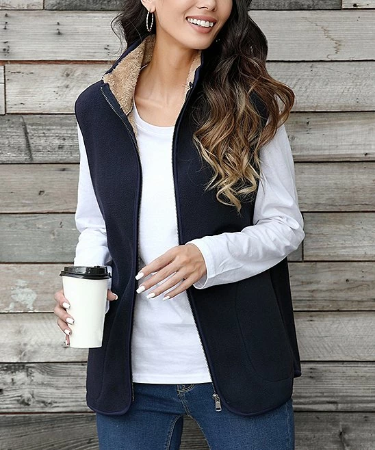 Cheapest π€© Z Avenue Navy & Tan Fuzzy Vest - π© Women β€οΈ - Image 2