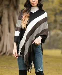 Cheap ⭐ Z Avenue Black & White Stripe Fringe-Hem Poncho - Juniors 🤩