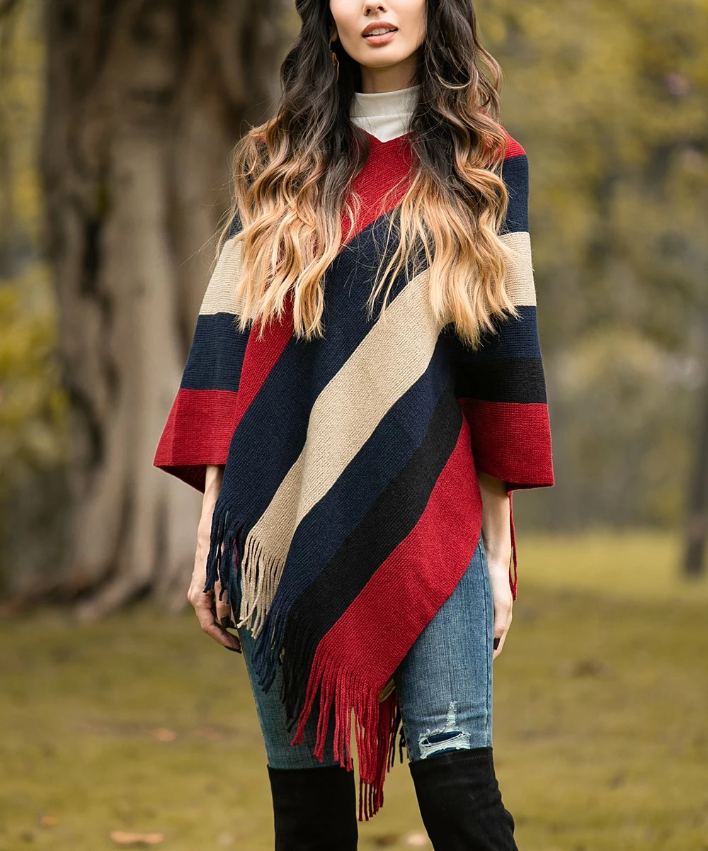 Cheapest ⭐ Z Avenue Burgundy & Navy Stripe Fringe-Hem Poncho - Juniors 🛒 4 Cheapest ⭐ Z Avenue Burgundy & Navy Stripe Fringe-Hem Poncho - Juniors 🛒 - Image 2