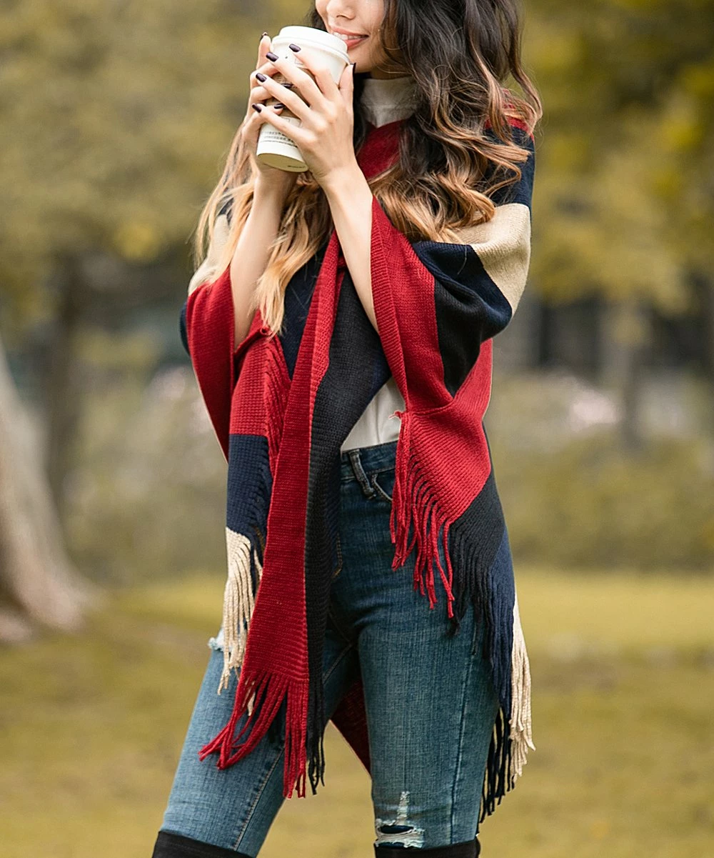 Cheapest ⭐ Z Avenue Burgundy & Navy Stripe Fringe-Hem Poncho - Juniors 🛒 7 Cheapest ⭐ Z Avenue Burgundy & Navy Stripe Fringe-Hem Poncho - Juniors 🛒 - Image 5