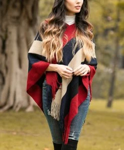 Cheapest ⭐ Z Avenue Burgundy & Navy Stripe Fringe-Hem Poncho - Juniors 🛒