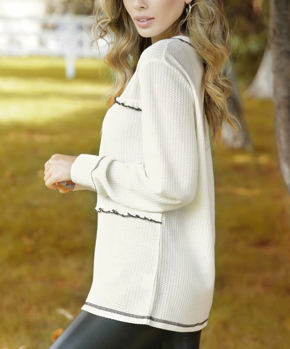 Buy π Z Avenue Cream Waffle-Knit Long-Sleeve Crewneck Top - π© Women & Plus π - Image 3