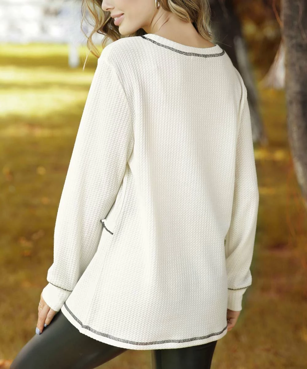 Buy π Z Avenue Cream Waffle-Knit Long-Sleeve Crewneck Top - π© Women & Plus π - Image 4