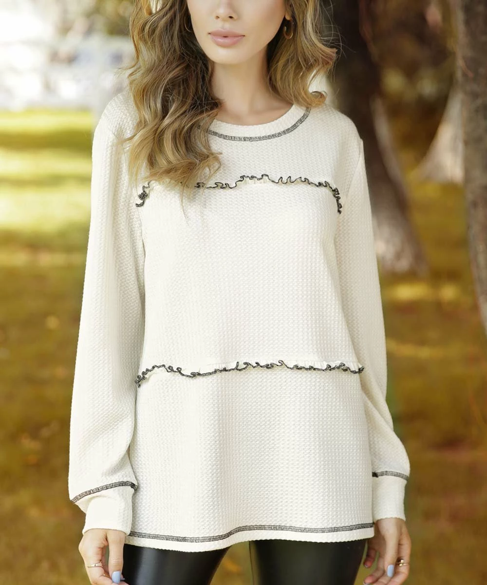 Buy π Z Avenue Cream Waffle-Knit Long-Sleeve Crewneck Top - π© Women & Plus π - Image 5